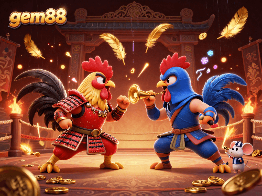 Watch the gem88 fighting roosters duel in an electrifying arena filled with gold coins and dramatic energy.