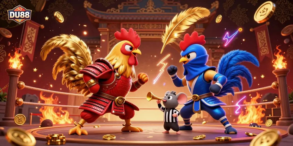 Experience the thrilling DU88 standoff with 3D cartoon fighting roosters in an electrifying arena.