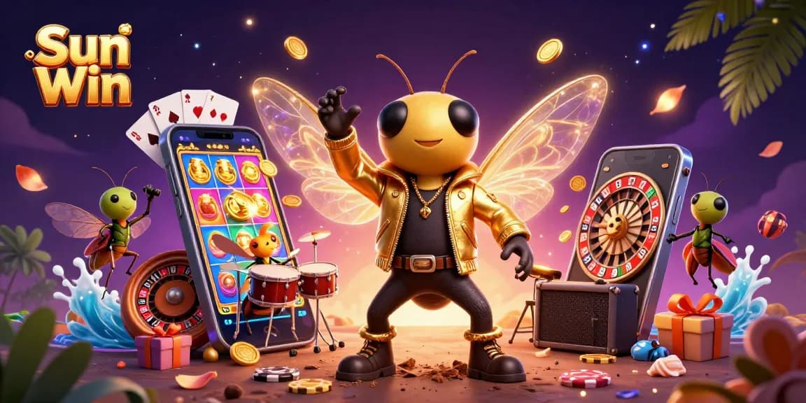 Spin and win with Sun Win's vibrant 3D casino illustration filled with exciting game elements.