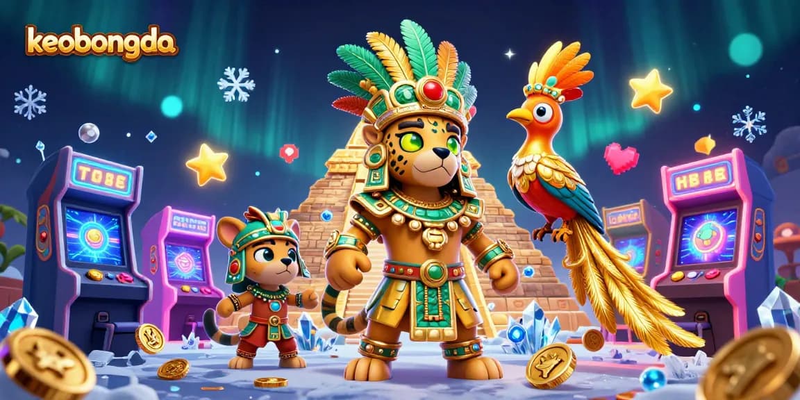 Engage with keobongda's vibrant 3D casino atmosphere featuring a Mayan jaguar priest and arcade elements.