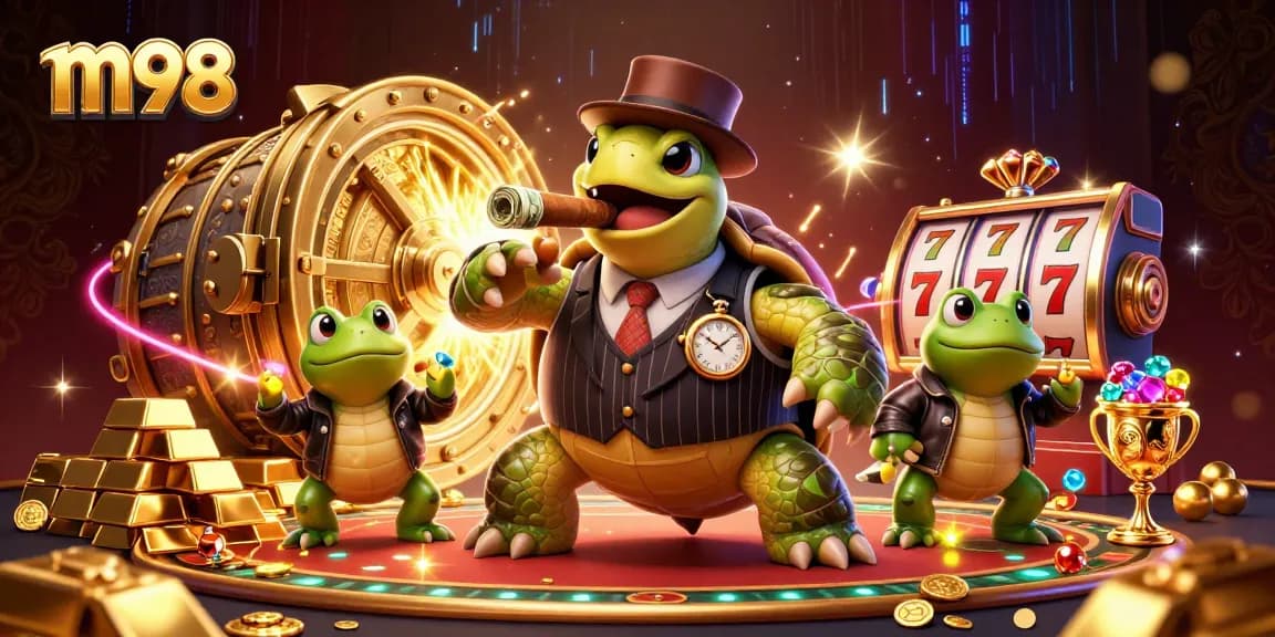 Experience the thrill of m98 gaming with a vibrant 3D casino illustration featuring unique characters and dazzling effects.