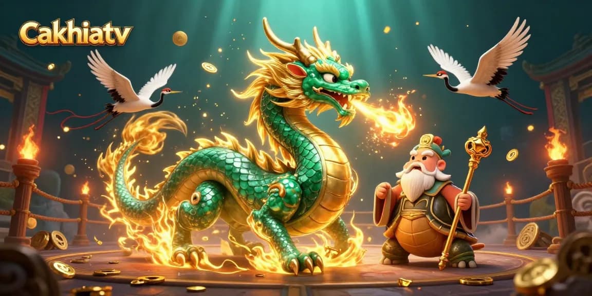 Experience exciting gameplay at cakhiatv with a majestic dragon and lucky cranes surrounded by vibrant casino elements.