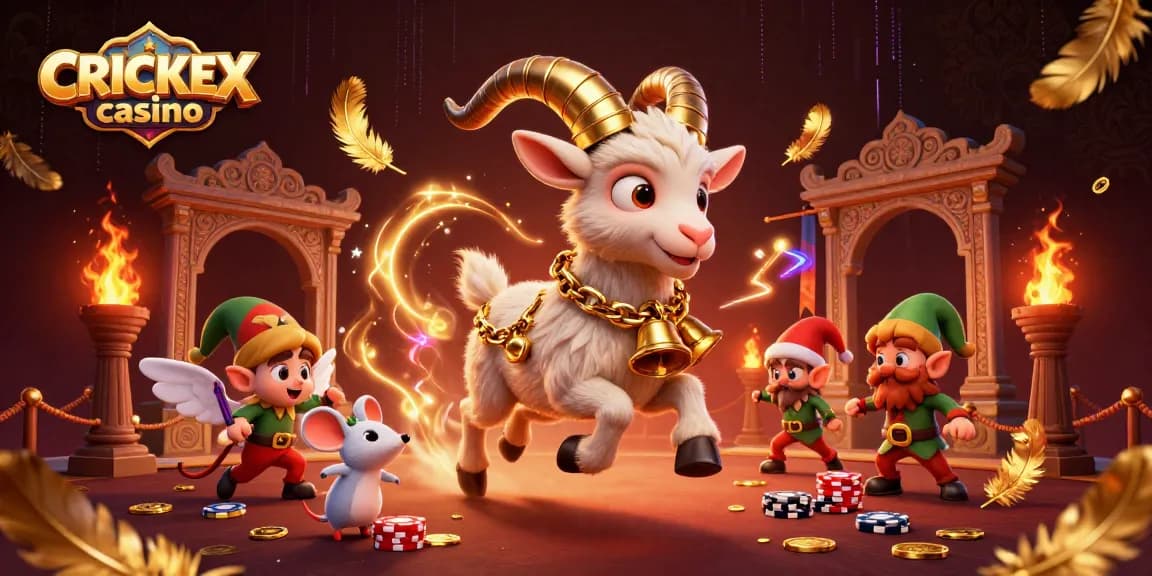 Experience CRICKEX casino's festive ambiance with characters engaged in playful gaming mischief.