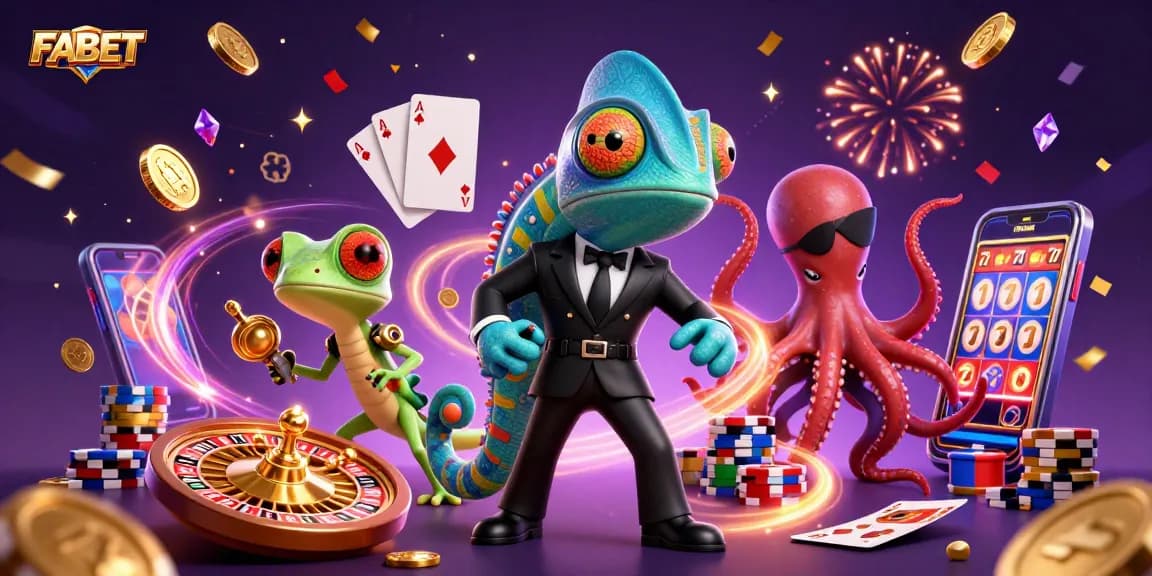 Engage in thrilling gameplay with FABET featuring colorful chameleon, gecko, and octopus in vibrant casino scene.