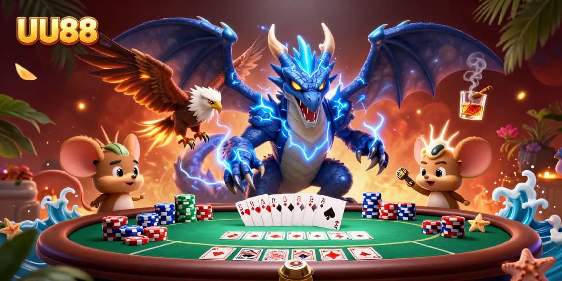 Experience exciting poker action with UU88, featuring a thunder dragon, wind hawk, and thunder mouse in a dynamic casino scene.