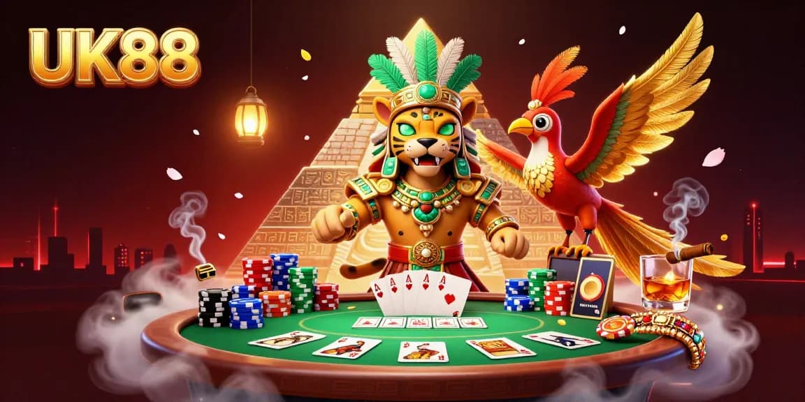 Experience excitement at UK88 with a vibrant poker scene featuring a Mayan jaguar priest and gold poker chips.