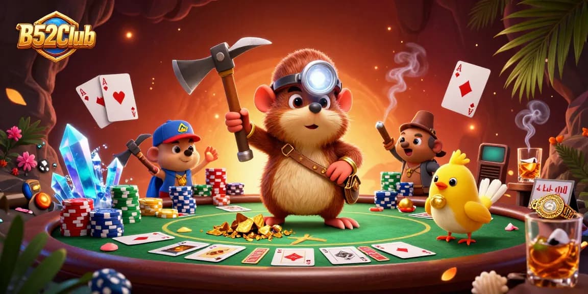 Experience the treasure-filled excitement of B52Club with a cartoon mole and poker elements.