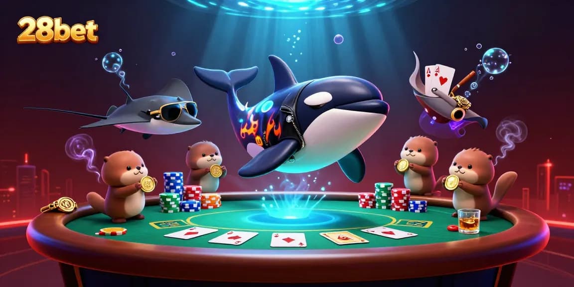 Play exciting casino games with 28bet, featuring whimsical sea characters engaged in vibrant gambling actions.