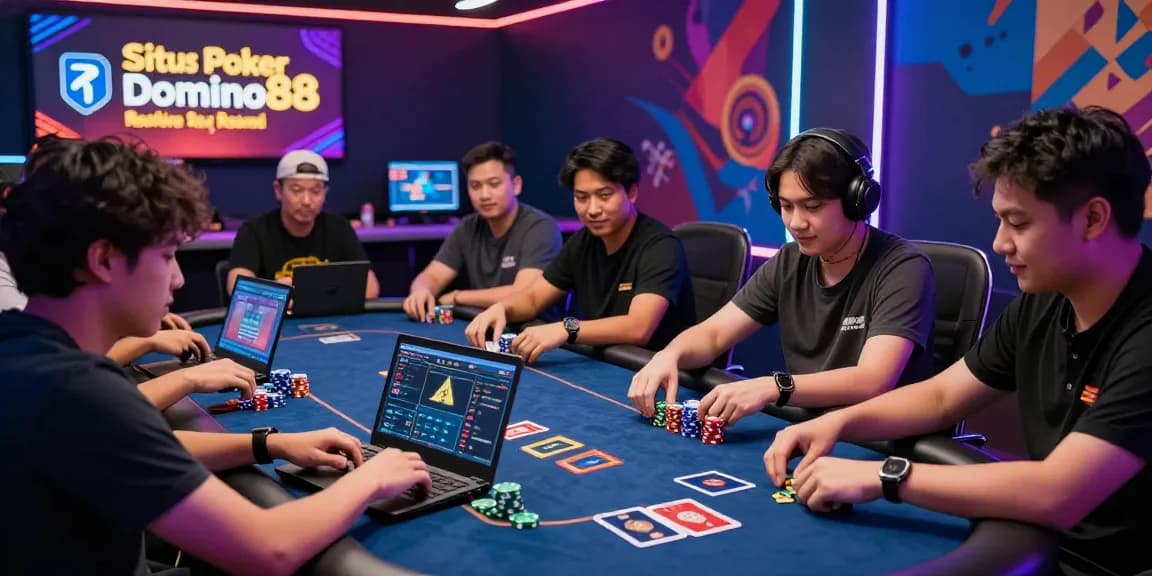 Situs Poker Online Resmi Domino88 players immerse in poker strategy at a vibrant virtual table.
