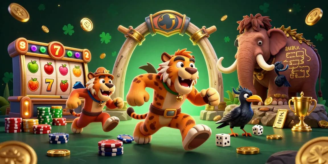 Play exciting games with tải iwin in a vibrant prehistoric casino experience featuring a lively duo and clever crow.