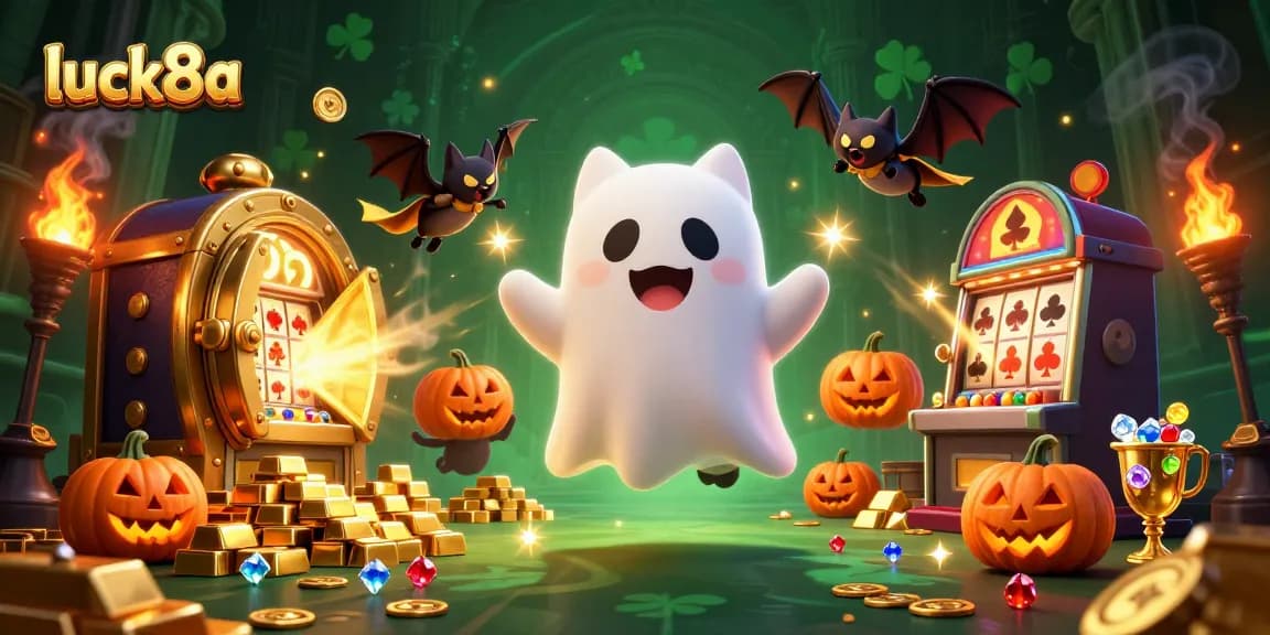 Engage in luck8a's thrilling gaming experience with friendly ghost cat and vibrant casino elements.