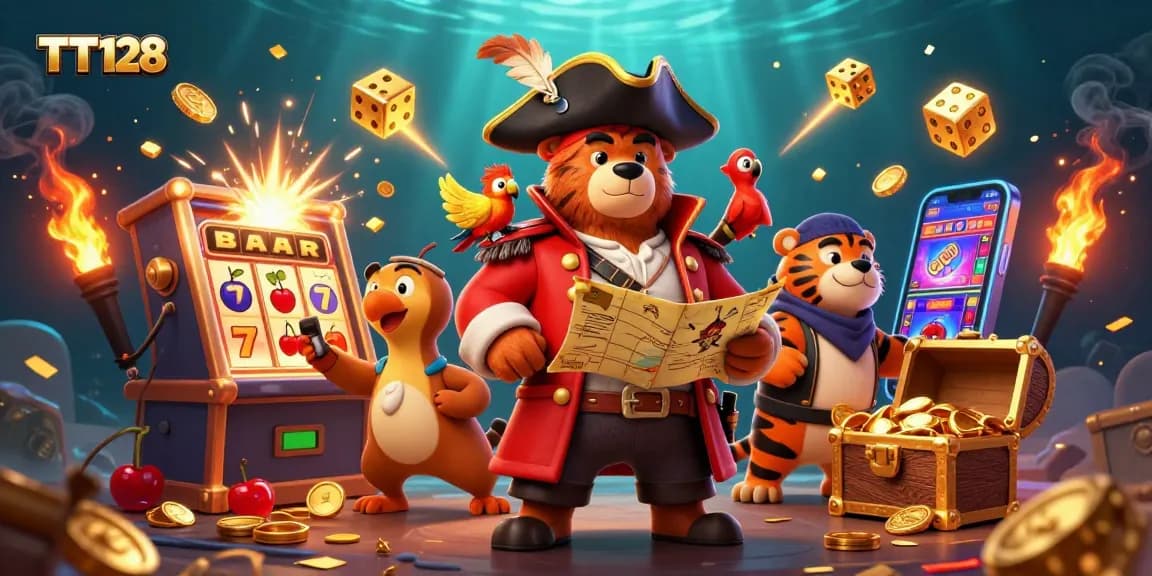 Experience the excitement of TT128 with an explosive jackpot scene featuring cartoon pirates and vibrant casino elements.