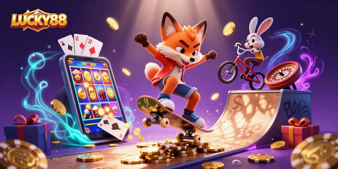 LUCKY88 showcases a lively gaming scene with a skateboarder fox and BMX rabbit create excitement in a vibrant casino world.