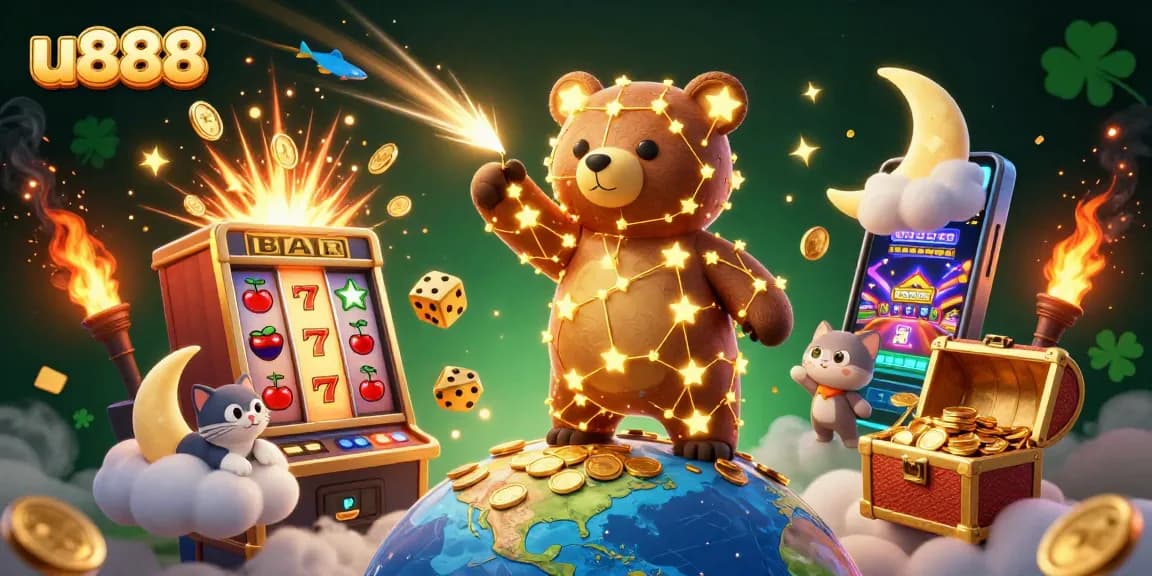 Play slots and win big with u888's vibrant casino scene featuring dynamic characters and game elements.