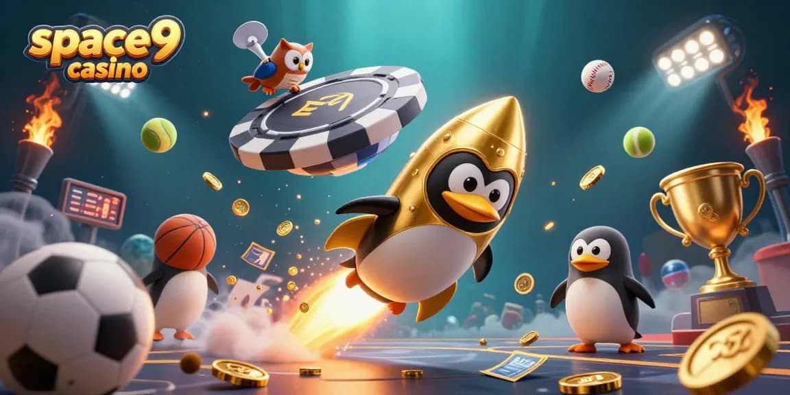 Engage with the vibrant action of space9 casino featuring a golden penguin and dynamic sports elements.