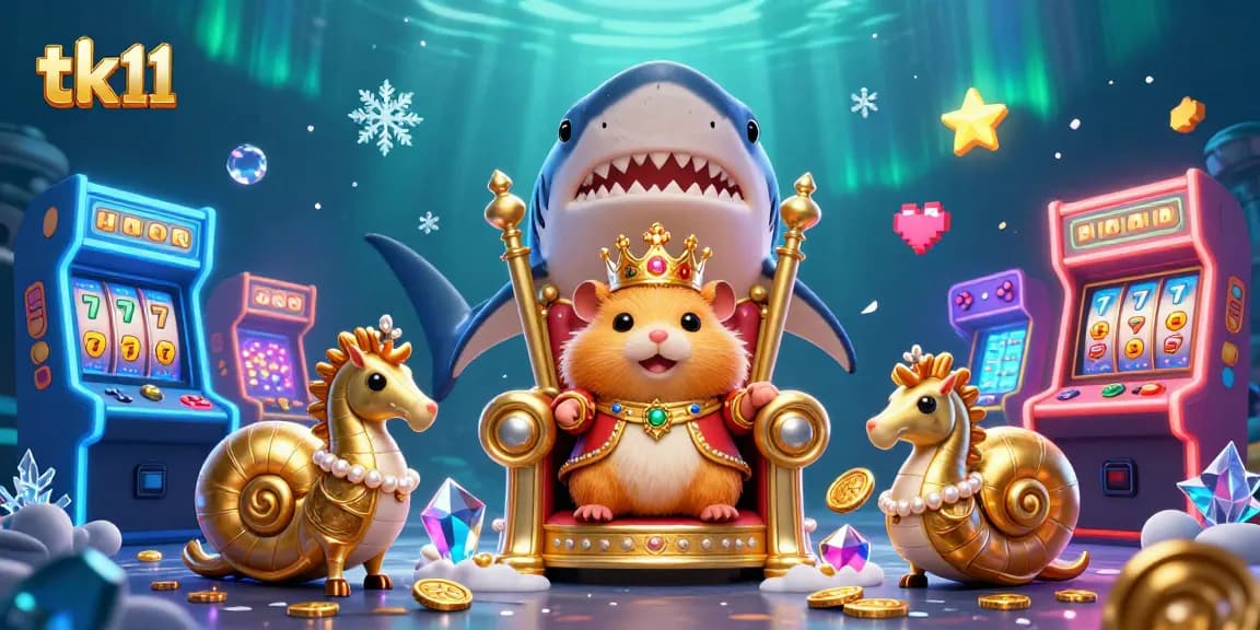 Experience tk11's thrilling gaming atmosphere with a golden hamster king, arcade machines, and casino elements in a vibrant 3D underwater scene.