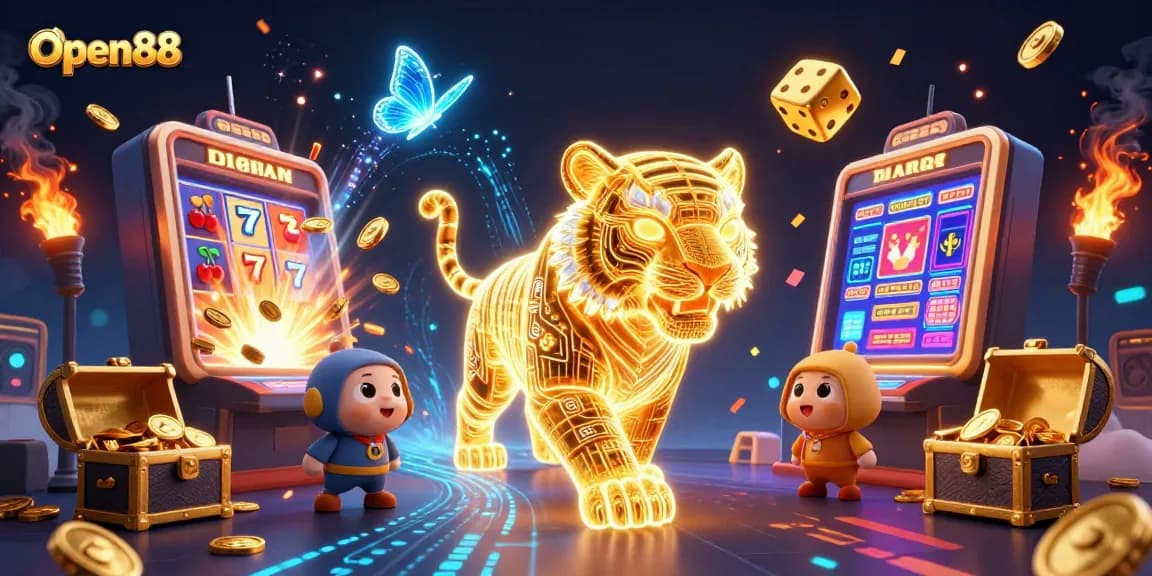 Play thrilling casino games with Open88's dynamic digital tiger in a vibrant jackpot scene packed with excitement.