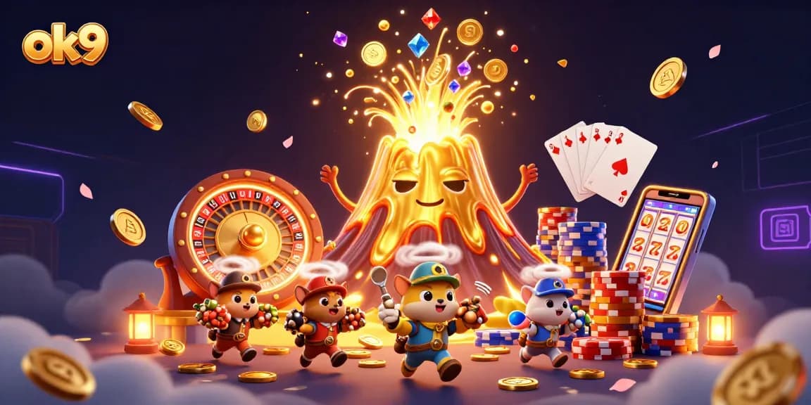 Witness the thrill of ok9 gaming as a golden volcano erupts treasures among animated explorers in this vibrant casino scene.