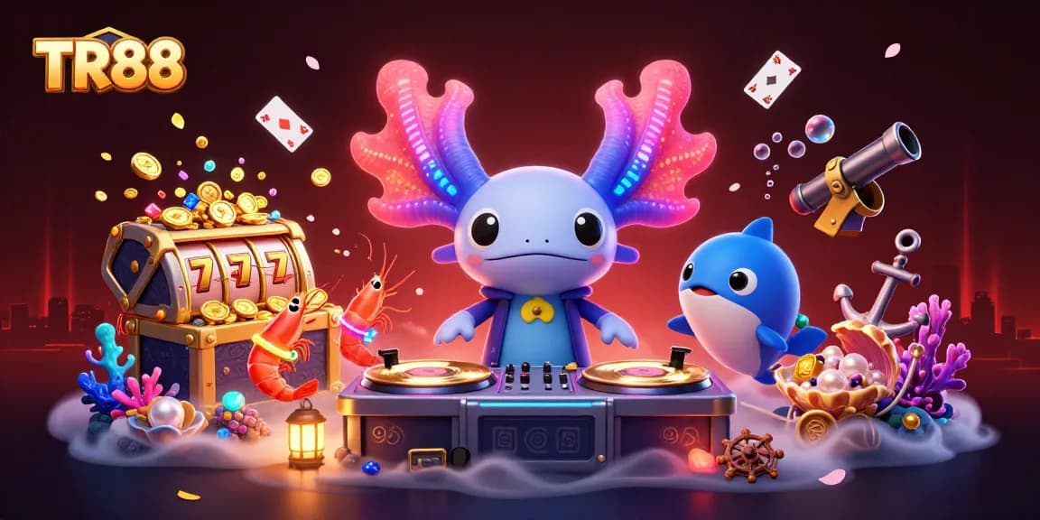 Engage with TR88's vibrant 3D casino world featuring neon axolotl DJ surrounded by dynamic gaming elements.