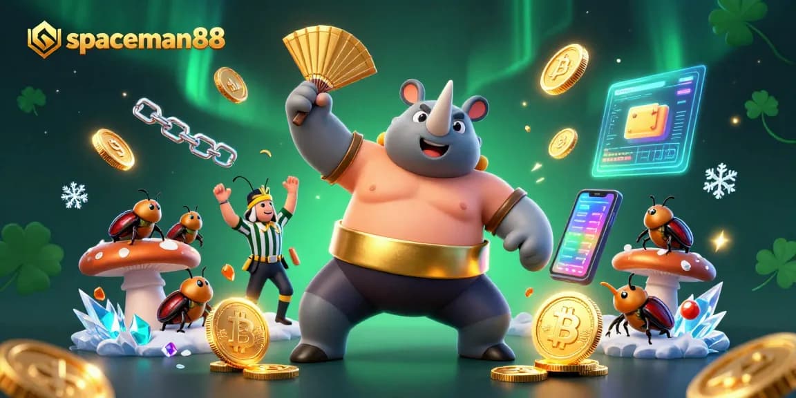 Spaceman88 invites excitement with a dynamic scene of a sumo beetle stomping golden coins in a vibrant casino