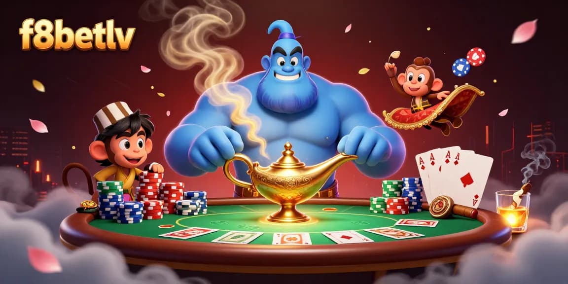 Engage with the magical world of f8betlv, featuring a vibrant casino scene with a genie, poker chips, and dynamic gaming elements.