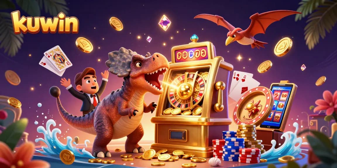 kuwin captures a cartoon dinosaur hitting a slot machine amidst a whirlwind of coins and casino excitement.