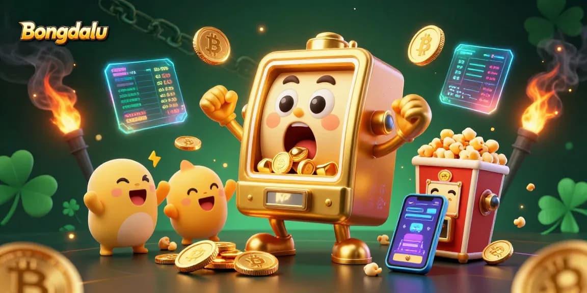 Bongdalu scene with a golden slot machine celebrating a jackpot surrounded by cheerful mini machines and cryptocurrency elements
