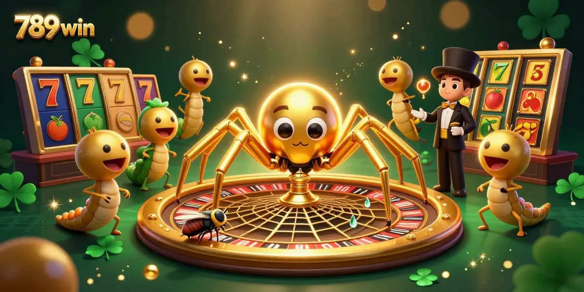 Engage in thrilling gameplay at 789win with this dynamic casino illustration featuring a spider, roulette wheel, and vibrant slots.