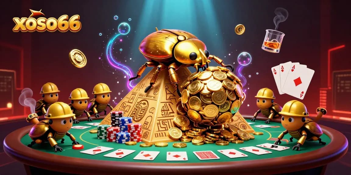 Spin the wheel of fortune at xoso66 with a dazzling pyramid of gold coins and exciting poker elements.