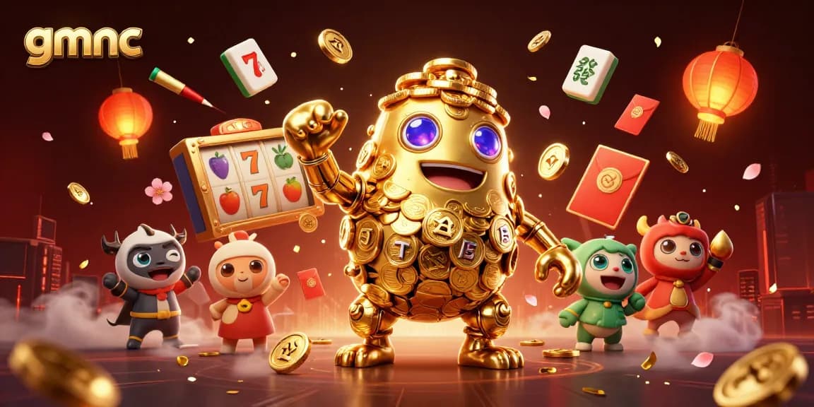 Engage in thrilling casino play with gmnc's 3D golden golem and vibrant slot elements.