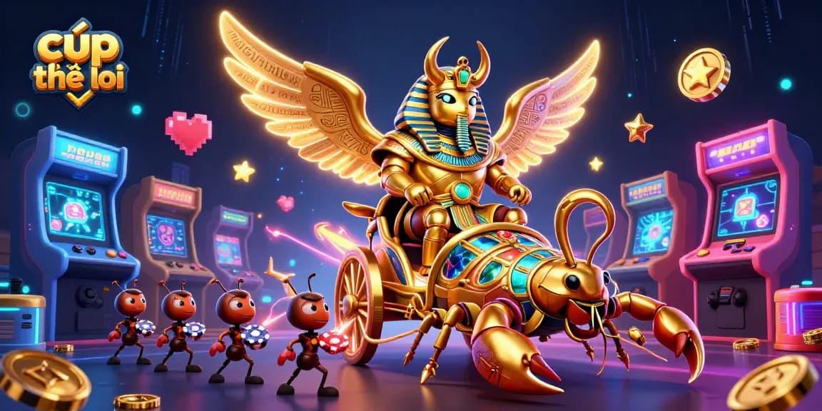Experience cúp thế giới gaming thrills with vibrant 3D cartoon illustration of golden scarab and casino elements.
