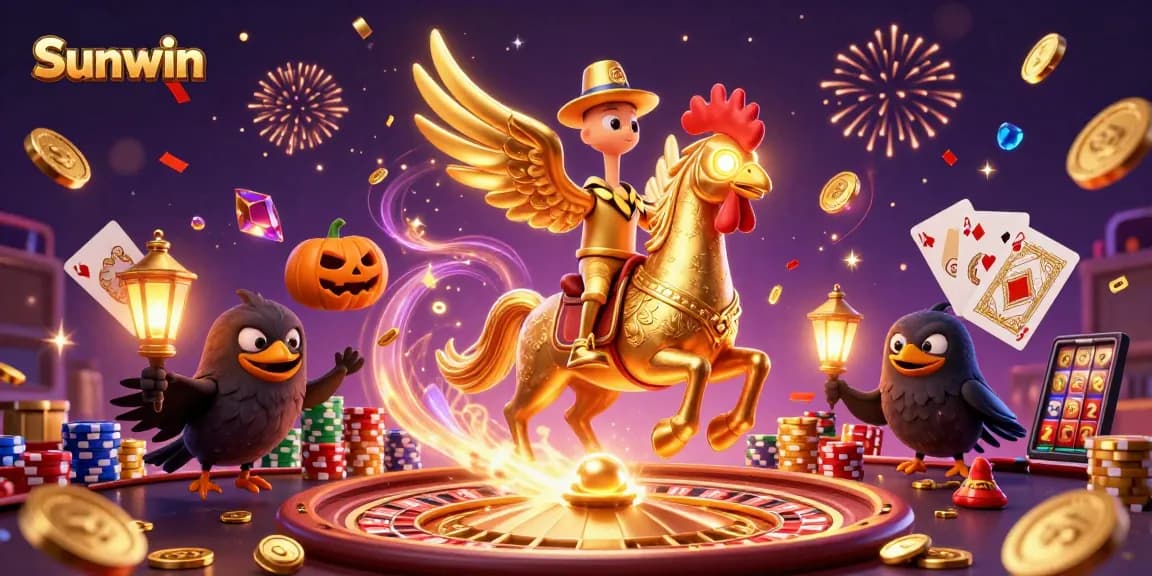 Experience thrilling gaming with Sunwin in a lively casino setting filled with golden coins and vibrant elements.