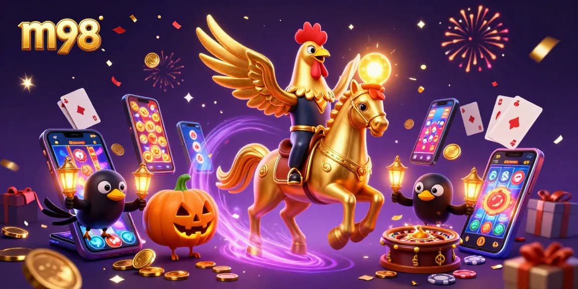 Engage with m98's vibrant casino scene featuring a golden rooster in action.