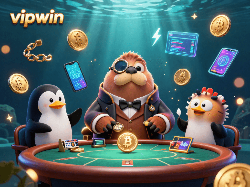 Join the vipwin underwater poker game with a jolly walrus and sophisticated dealer for thrilling bets.