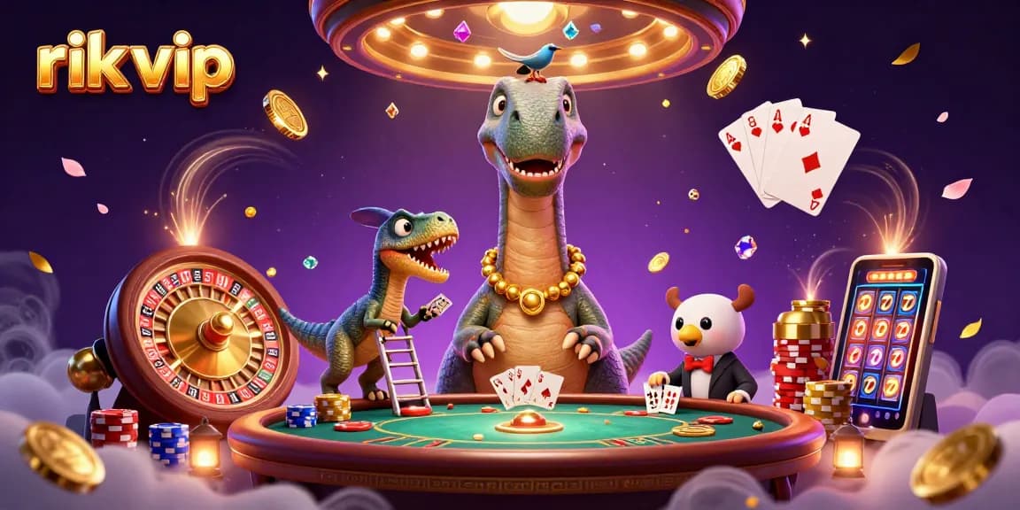 Join the excitement at rik vip casino with vibrant illustrations of games, chips, and themed characters.