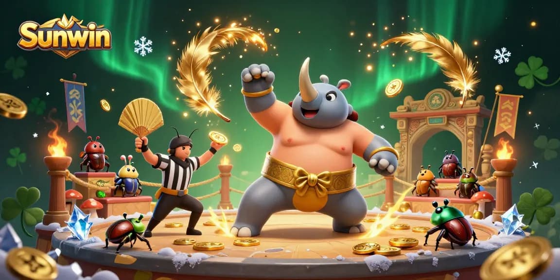 Experience thrilling wins at Sunwin with a lively 3D casino scene showcasing energetic beetle characters.