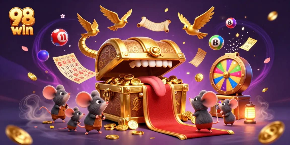 Experience excitement and fortune with 98 win's dynamic lottery game elements and treasure chest characters.