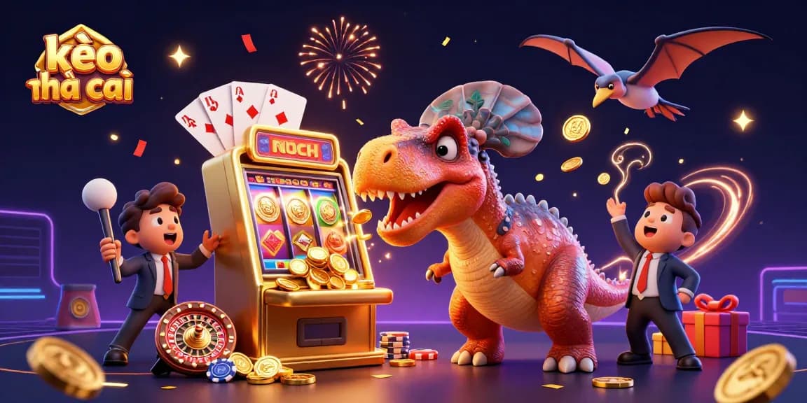kèo nhà cái scene with a cartoon pachycephalosaurus hitting a slot machine for jackpot coins, filled with gaming elements