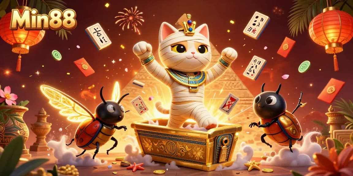 Experience the excitement of Min88 as an Egyptian mummy cat emerges from a sarcophagus in a vibrant casino.