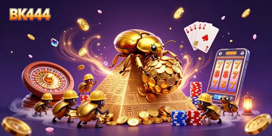 BK444 showcases a vibrant casino scene with golden beetles, cascading coins, and dynamic roulette elements.