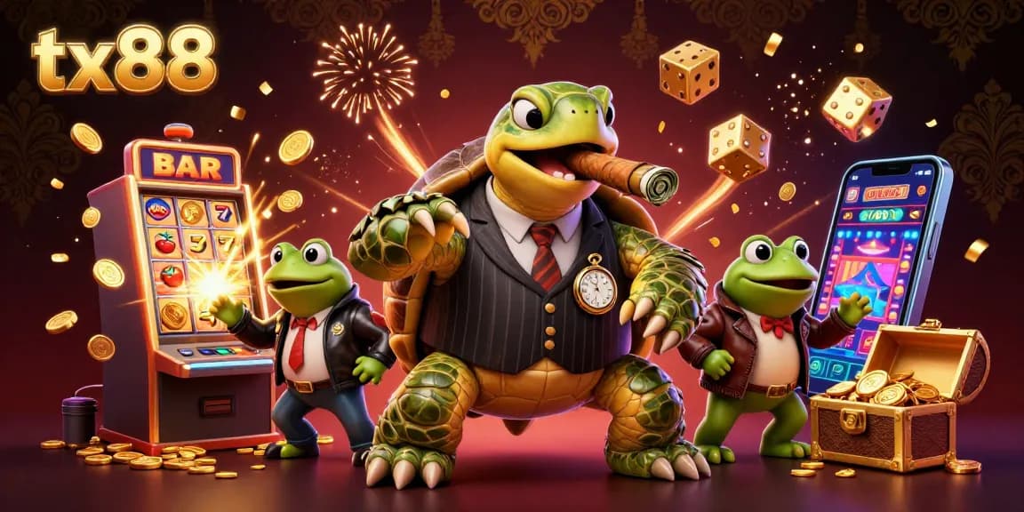 Experience thrilling gaming at tx88 with 3D illustrations of a cartoon turtle and enforcers amidst casino action.
