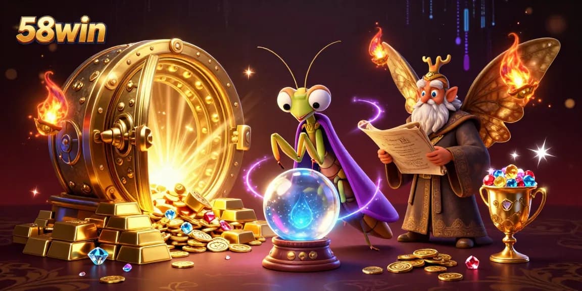 Engage with the magical world of 58win, featuring fortune tellers and treasures in a mystical casino scene.