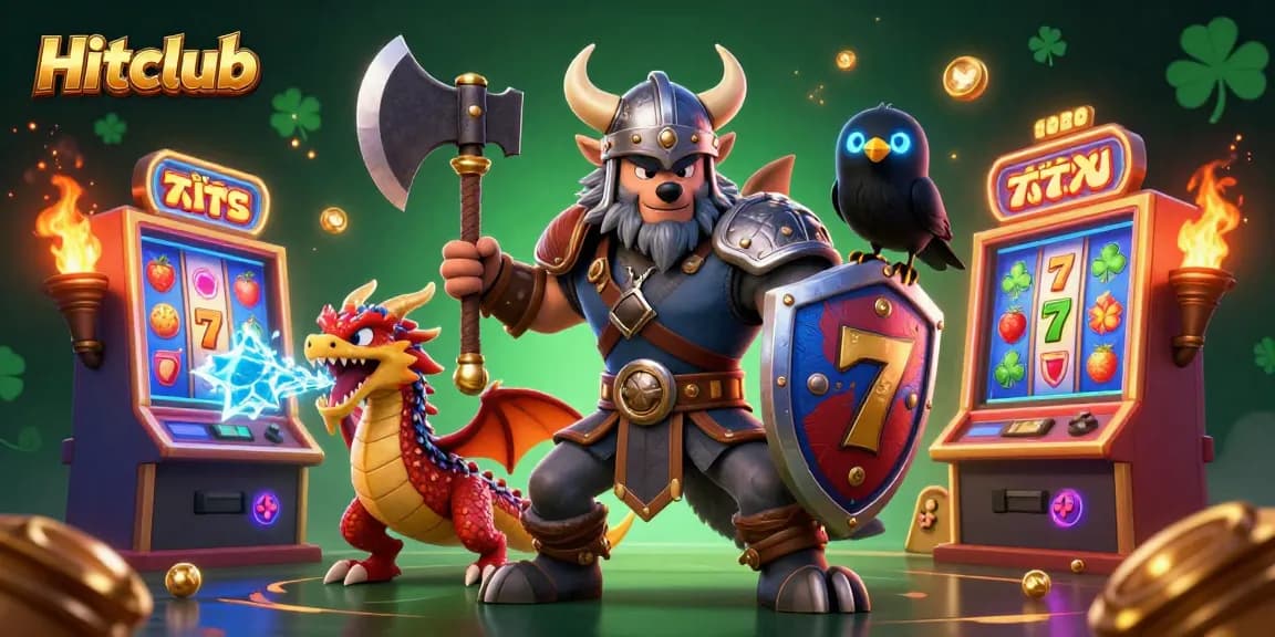 Play at Hitclub with a dynamic illustration of a Viking wolf warrior and lucky slot machines.