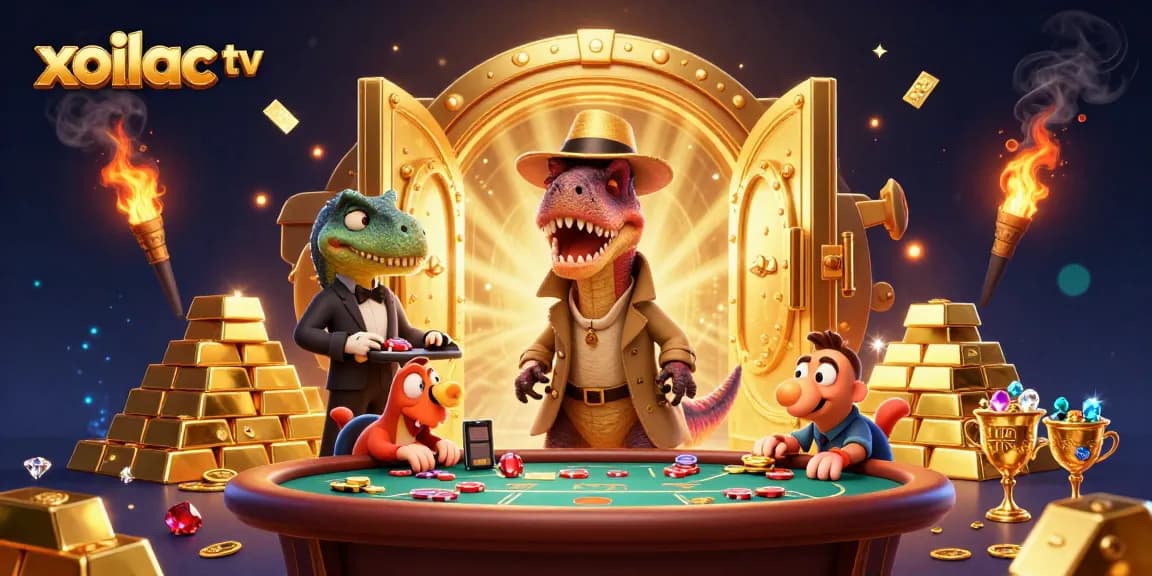 Xoilac TV showcases thrilling betting moments at a vibrant blackjack table, enhanced with a treasure vault atmosphere.
