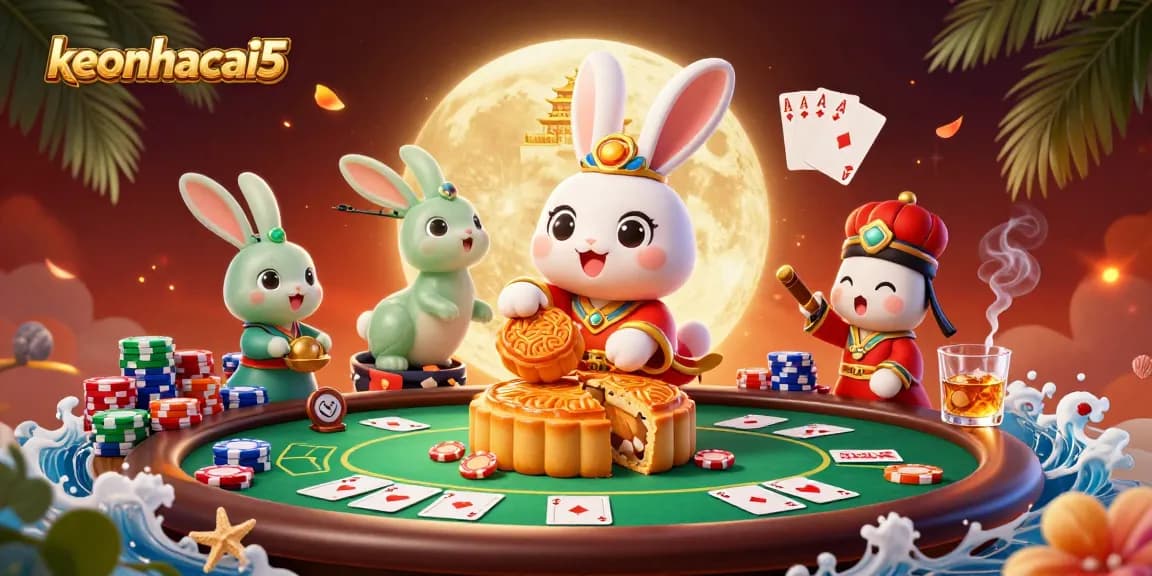 Experience the excitement of keonhacai5 with vibrant poker chips and a moon rabbit scene.