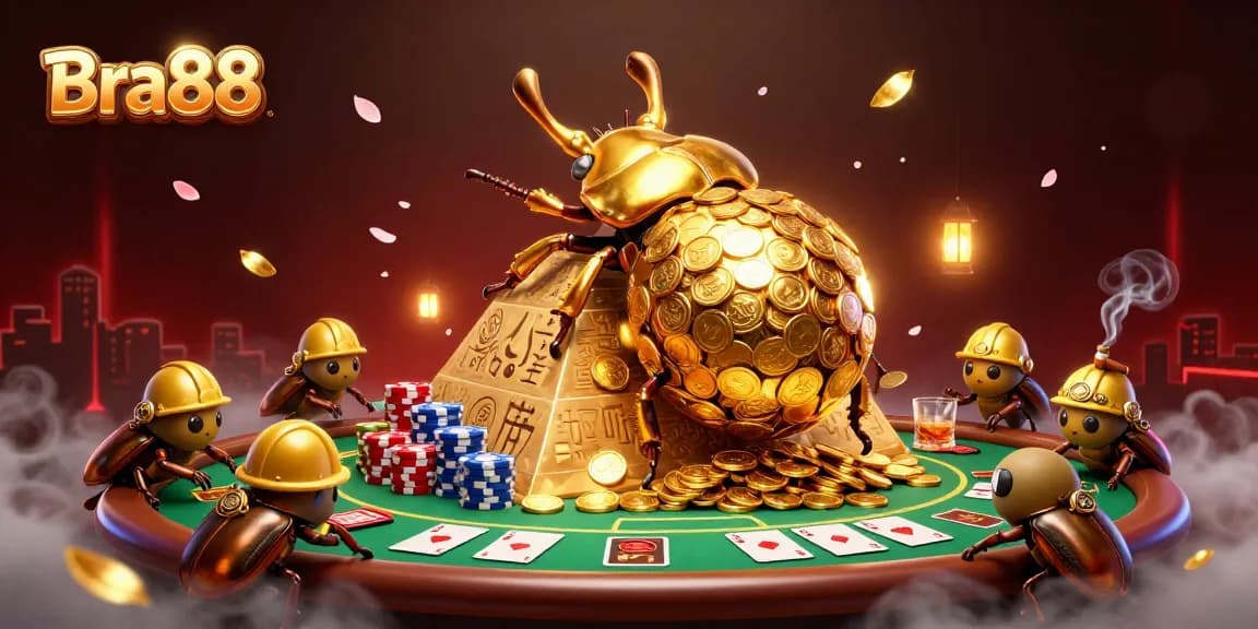 Experience Bra88's thrilling casino adventure alongside golden beetles in a vibrant scene bursting with energy.