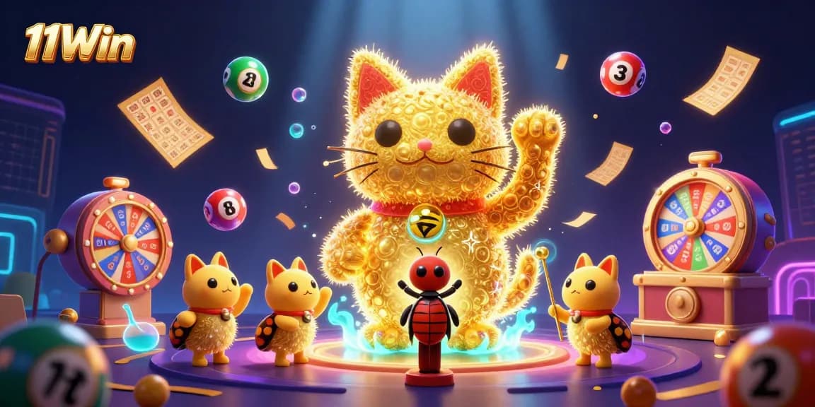 Engage with 11Win's dynamic gaming atmosphere featuring a vibrant lucky cat and casino elements.