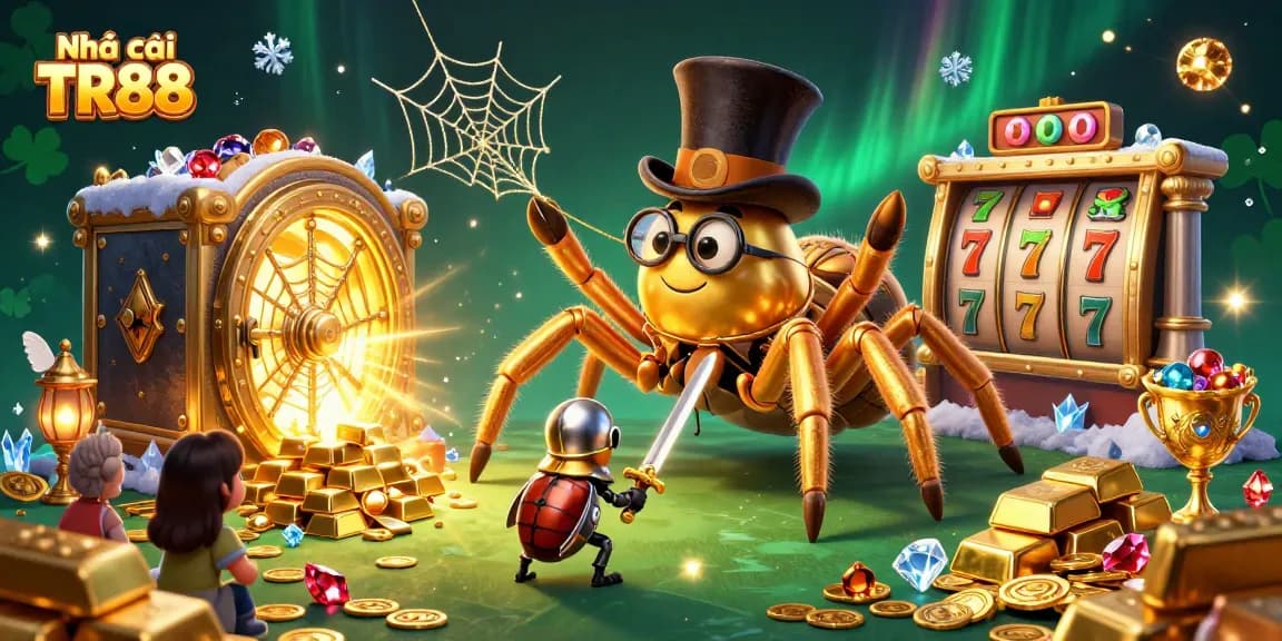 Win exciting prizes at Nhà cái TR88 with enchanting golden tarantula, knight, and rewarding casino elements.