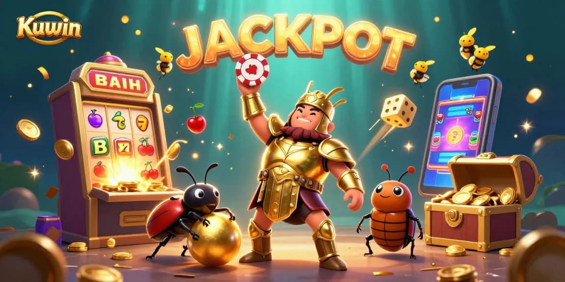 Kuwin celebrates the big win with a vibrant jackpot scene featuring dynamic casino games and iconic characters.