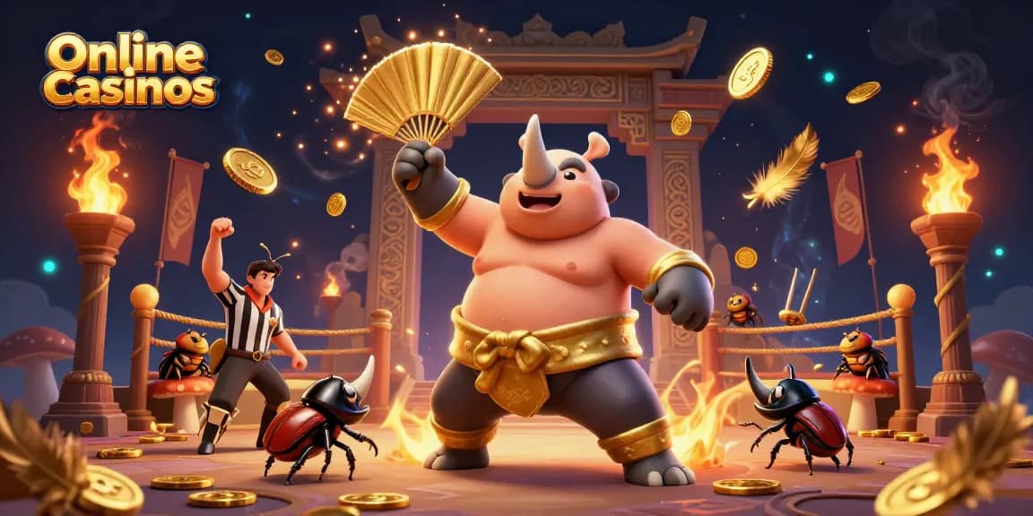 Experience thrilling online casinos with a vibrant 3D beetle battle scene full of golden coins.